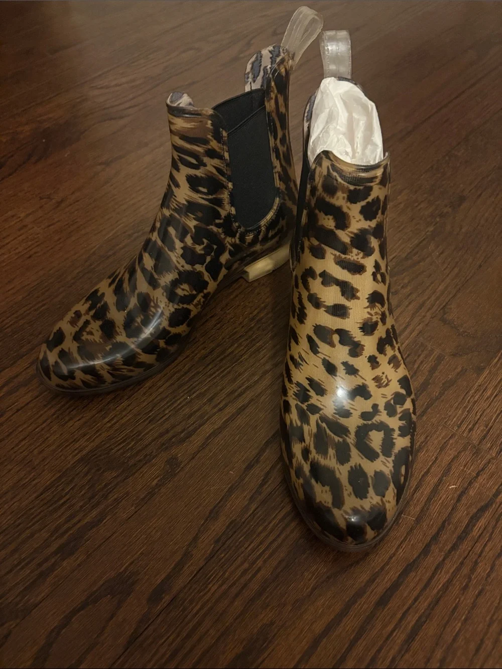 J. Crew Leopard-Print Chelsea Rain Booties in Tan and Black
